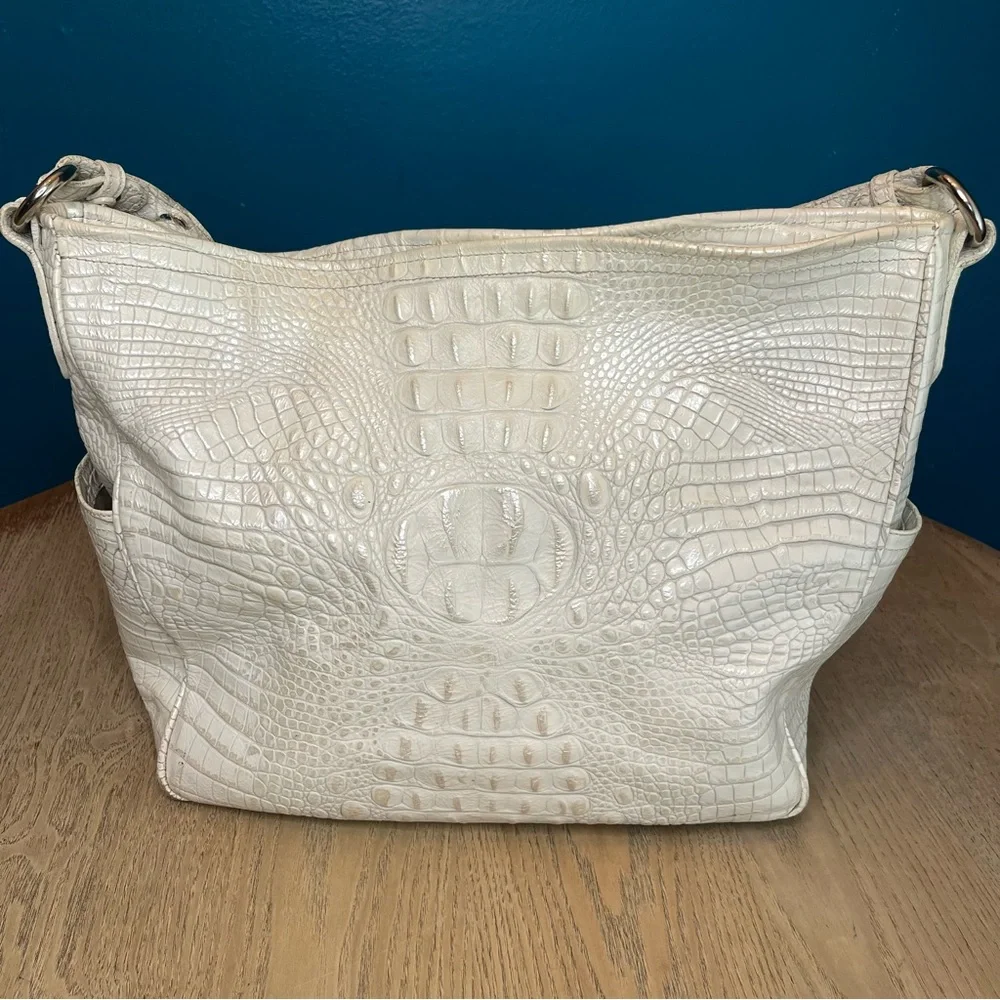 Brahmin Hobo Crocodile Embossed Slouchy Leather Bag Pearl White Large Purse